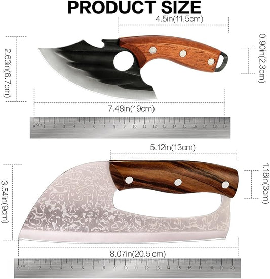 2 Pcs Meat Cleaver Knife Set, Effort Saving Meat Cleaver for Cutting Meat Vegetable, Sharp Carbon Steel Cooking Viking Knife with Leather Sheath for Kitchen, Camping, Outdoor Cooking, BBQ Gift