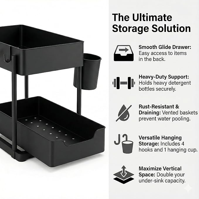 Under Sink Organizer β 2 Tier Sliding cabinet organizer with 4 Hooks & 1 Cup | Multi-Purpose Space Saving Shelf for under kitchen sink storage, Countertop, Bathroom, Pantry & Office Organization