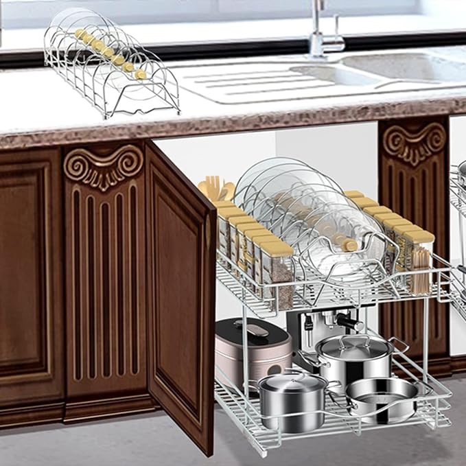 FULGENTE Pull Out Cabinet Pots and Pans Organizer 11" W x 18" D 2 Tier Wire Basket for Lid Cookware Drawer Slide Out Kitchen Cupboard Organization Shelves Shelf for Pantry Roll Out Storage, Chrome