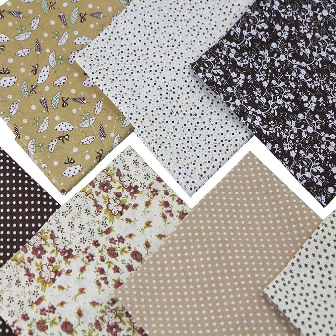 7PCS Different Patterns Printed Cotton Fabric Squares 50 cm x 50 cm Handmade Craft Cloths Bundle for Sewing Patchwork, Quilting, DIY Scrapbooking Tissue (Brown)