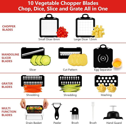 Professional Compact Vegetable Chopper, Veggie Chopper, Chopper Vegetable Cutter, Veggie Chopper with Container, Mandoline Slicer Dicer 9 Inserts