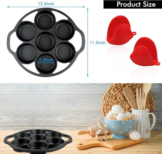YOLOPLUS+ Pre-seasoned Cast Iron Muffin Pan with Heat Resistant Gloves,11.2 Inch 7 Cups Biscuit Pan with Handle for Biscuits, Cupcake,Muffins, and Scones