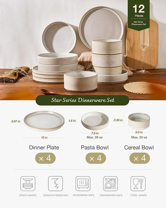 Famiware Star 12-Piece Stoneware Dinnerware Set for 4 - Dinner Plates, Pasta Bowls, Cereal Bowls, Dishes for Everyday & Formal Use, Chip/Scratch Resistant, Microwave/Dishwasher Safe, Cappuccino White