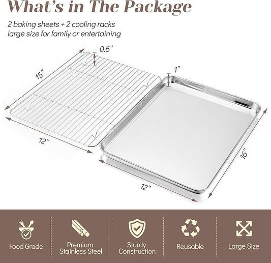 TeamFar Baking Sheet with Rack Set (2 Pans + 2 Racks), 16 x 12 x 1 Inch, Stainless Steel Baking Pan Cookie Sheet with Cooling Rack for baking, Non Toxic & Healthy, Easy Clean & Dishwasher Safe