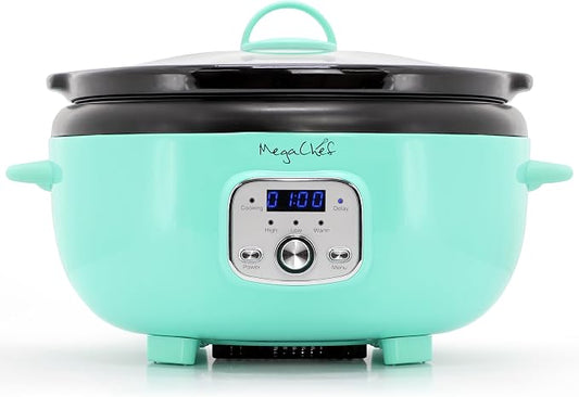 MegaChef 6.9 Quart Oval Electric Slow Cooker, Removable Ceramic Pot, 3 Heat Settings, Kitchen Appliance, Countertop Cooker (Turquoise)