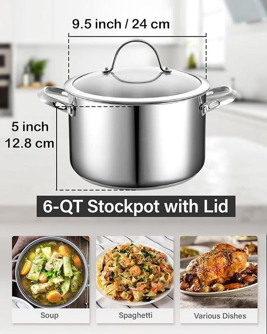 Cooks Standard Classic 6-Quart Stainless Steel Dutch Oven Casserole with Glass Lid, Large Dutch Oven Casserole for Soup, Stew, Chili & Pasta, Compatible with All Stovetops