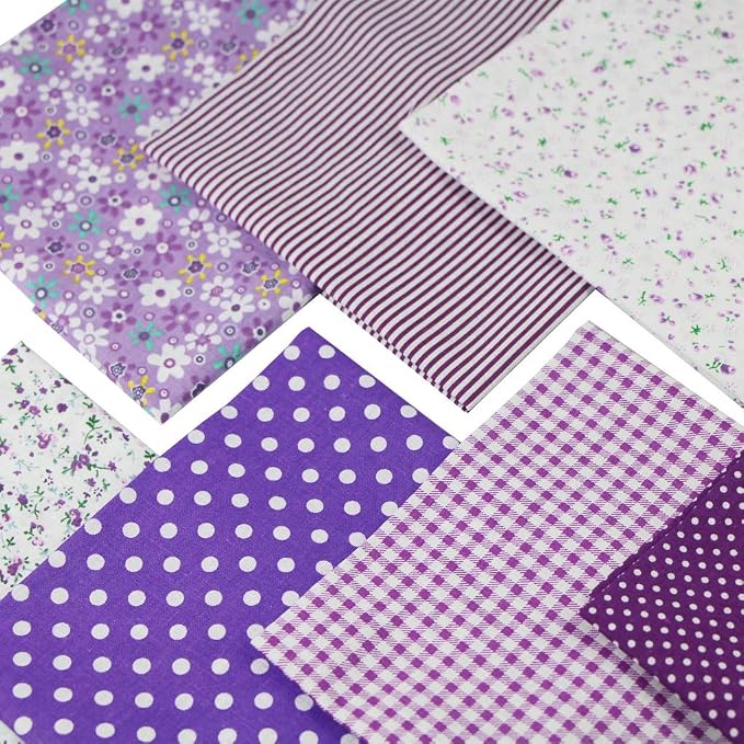 7PCS Cotton Fabric Squares 50 cm x 50 cm Different Patterns Printed Handmade Craft Cloths Bundle for Sewing Patchwork, Quilting, DIY Scrapbooking Tissue (Purple)