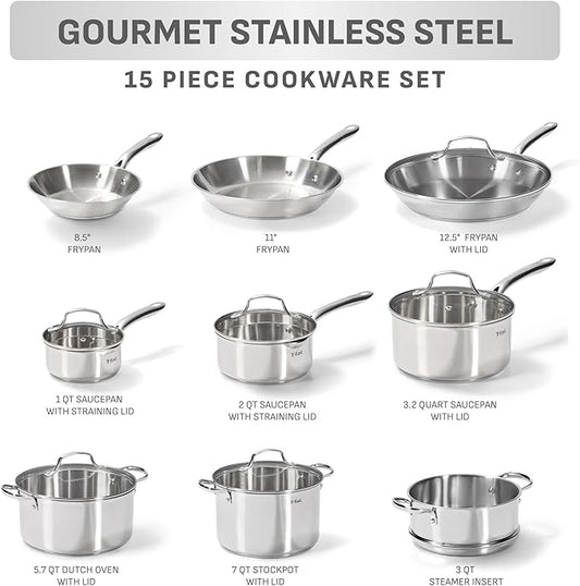 T-fal Gourmet 15-Piece Stainless Steel Cookware Set, Pots and Cooking Set, Dishwasher Safe, Oven Safe to 500°F, Induction Compatible, Sauce, Saute, Frying Pans, Silver