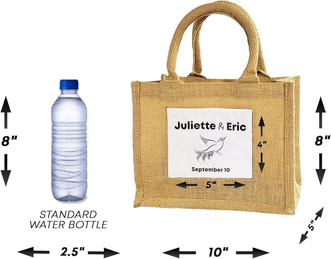 TBF Sturdy Cute Natural Jute Burlap Small Rustic Wedding Welcome Gift Bags with Clear Front Pocket