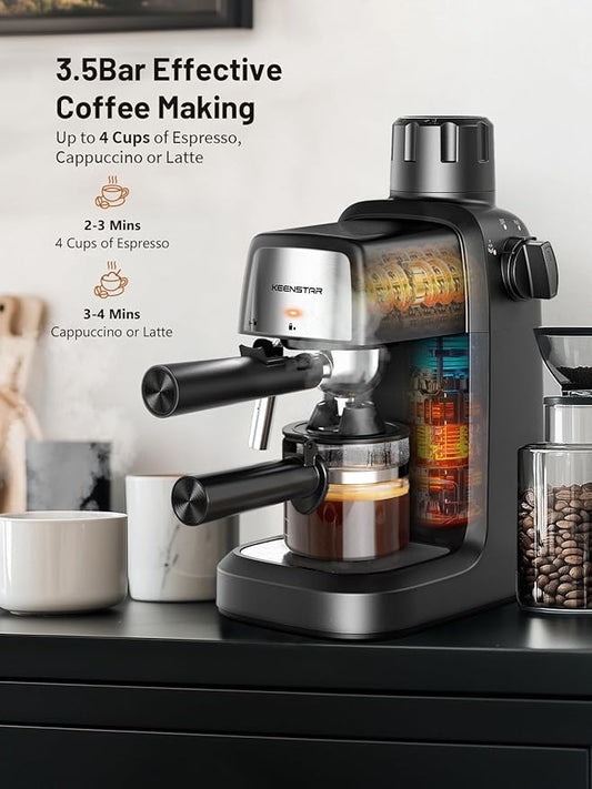 KEENSTAR 3.5Bar Espresso Machine with Milk Frother, 800W Compact Espresso and Cappuccino Machine with Preheating Function, 4 Cup Espresso Maker for Cappuccino or Latte, Gift for Coffee Lover
