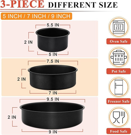 E-far Nonstick Cake Pan Set of 3, 5/7/9 Inch Stainless Steel Baking Pans Tins, Round Bakeware for Layer Cakes, Stainless Steel Core & Non-Toxic Coating, Straight Side & 2 Inch Deep