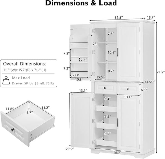 71.2" Tall Kitchen Pantry Cabinet with 3 Pull Out Cabinets Organizer, Farmhouse Embossed Texture Storage Cabinet with 6 Door Shelves, 2 Drawers, White Freestanding Cupboard for Kitchen, Dining Room