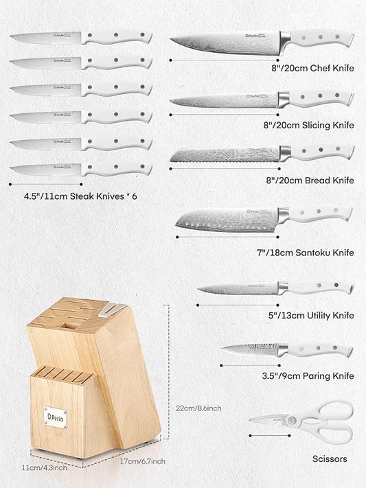 Knife Set, D.Perlla 15 Pieces Kitchen Knife Set with Built-in Sharpener, High Carbon Stainless Steel Kitchen Knife Block Set with Unique Waved Pattern, Non-slip Handle, White