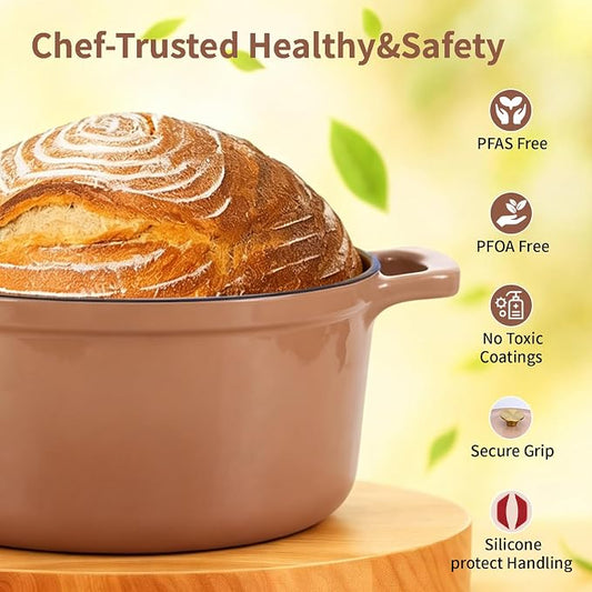 Enameled Cast Iron Dutch Oven with Lid&Silicone Grip, Round Casserole Pot for Bread Baking, Braising, Roasting,Stews,Heavy-Duty Baking Pan,Oven Safe, Induction Compatible (4.7QT,Mocha)