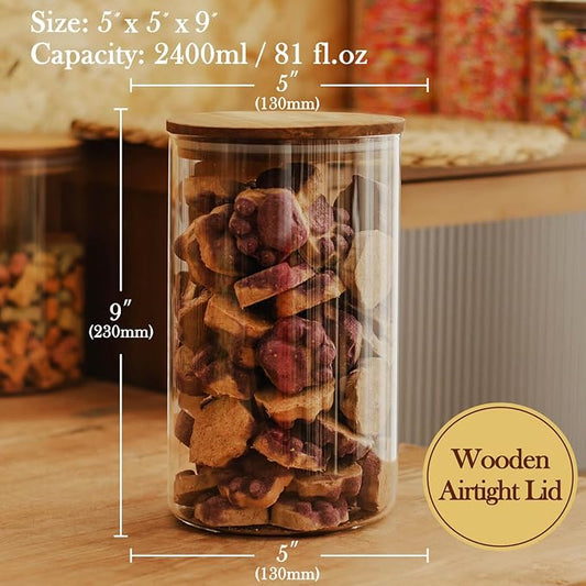 Labina Glass Storage Container Airtight Food Jars Kitchen Canister with Wood Lids, 81 Oz Wide Mouth Pantry Organization Glass Jar for Flour, Sugar, Cookie, Spagetti, Nuts and Candy (2 Pack)
