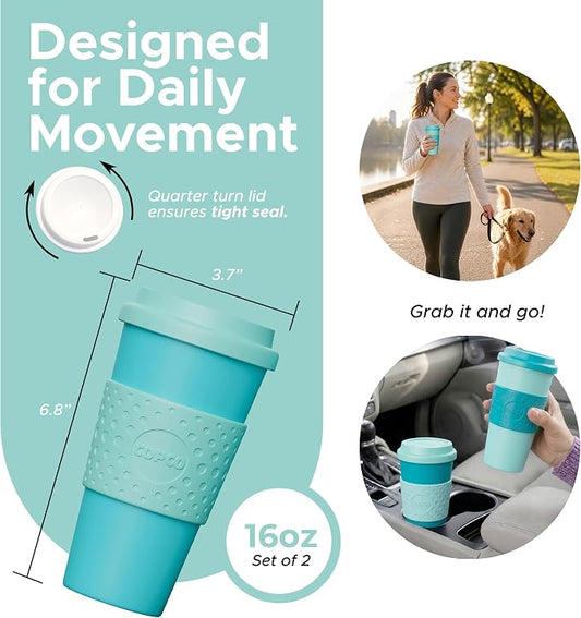 Copco Acadia 16oz Travel Mug with Lid, Set of 2 Double Wall Insulated Tumbler, Non-Slip Sleeve and BPA-Free - Microwave & Dishwasher Safe, Reusable Plastic To Go Travel Coffee Mug (Aqua/Mint)