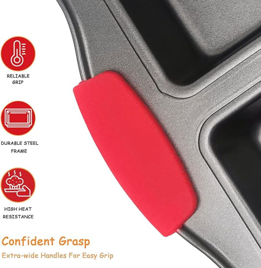 Mini Loaf Pans Nonstick, Bread Muffin Pan with Silicone Handle for Oven, 8 Cavity, Carbon Steel, Dishwasher Safe & Easy Cleanup Small Loaf Tray, for Baking, Gray, 2 Packs