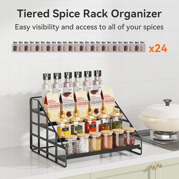 Bunoxea Spice Rack 4 Tier Kitchen Cabinet Organizer,Countertop Spice Rack,Tier Depth Adjustable Cabinet Shelf,Step Spice Organization Easy Visibility,Holds Seasoning and Condiments 2Pack
