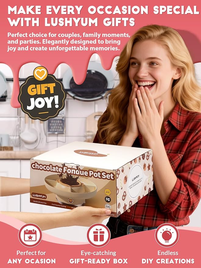 LUSHYUM Chocolate Fondue Pot Set Electric Melting Machine, 4-Cup Capacity 4 Trays 6 Forks 1 Spatula Cheese Warmer, Ideal Gift for Couple Family & Date Night Idea House Warming Holidays Essentials