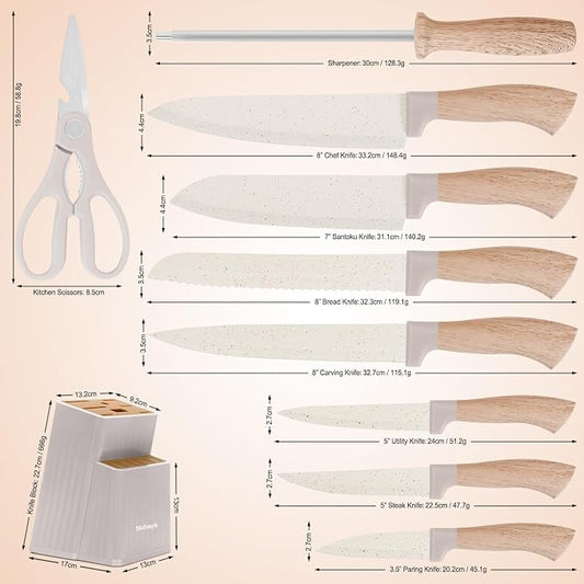 Knife Set, 15 Pcs Khaki Kitchen Knife Set for Home, Granite Nonstick Ceramic Coating, Stainless Steel Sharp Chef Knife Sets with Block, Wood Grain Handle, Ergonomic Non-slip Handle Knife Block Set