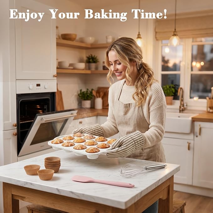 2 Pack Silicone Muffin Pans for Baking, 12 Cup Cupcake Pan with Metal Reinforced Frame, 3 Baking Tools Included, Nonstick Molds for Homemade Muffins, Cupcakes, Egg Bites, Oven Dishwasher Safe