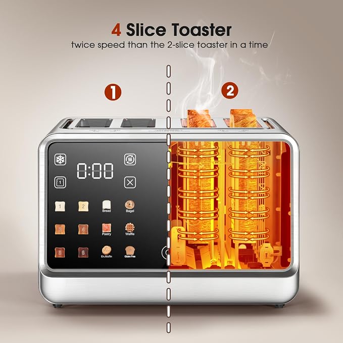 4-Slice Smart Toaster, 1800W Digital Touchscreen with Dual-Zone Control, 1.5" Extra-Wide Slots for Bagels & Thick Bread, 6 Browning Levels & 6 Presets, Single-Slot Energy Saving, Defrost/Reheat
