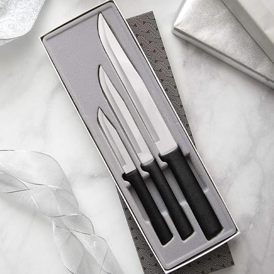 Rada Cutlery Housewarming Gift Set (G202) 3-Piece Knife Set with Quick Edge Sharpener (R119), Stainless Steel Blades, Black Handle