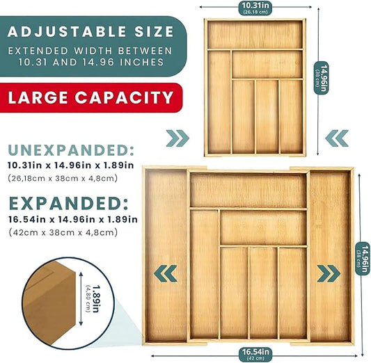 Sben Expandable Drawer Organizer for Utensils Holder, Adjustable Cutlery Tray, Wood Drawer Dividers Organizer for Silverware, Flatware, Knives for Kitchen (Bamboo, Medium)