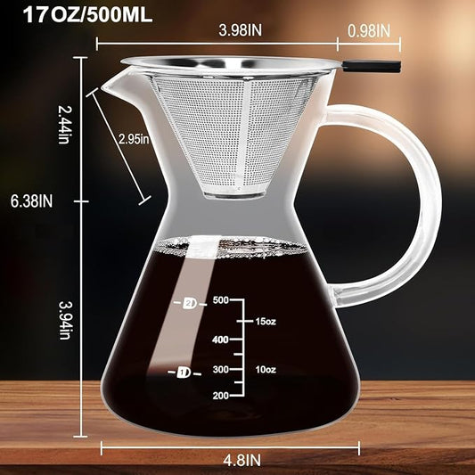 17oz/500ML Glass Pour Over Coffee Maker & Stainless Filter | Double Stainless,Thickened Heat-Resistant Borosilicate Glass,Plastic Free Pour Over Coffee Dripper for Home,Camping