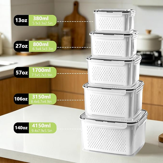 5 Pack Fruit Storage Containers for Fridge,Fruit Containers for Fridge with Removable Colanders,Leakproof Refrigerator Organizers and Storage for Produce Beery Vegetable Salad Meat Food Keep Fresh