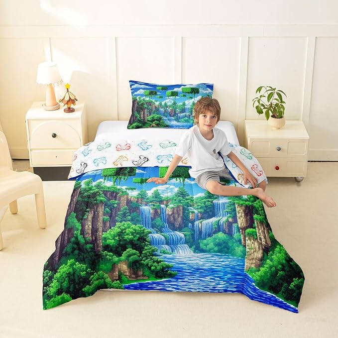 Manfei Pixelated Games Comforter Set -Cartoon Gamepad Comforter Twin Size Block Building Gaming Bedding Set for Kids Teens Bedroom Decor Fashion Modern Quilt Duvet,2 Pcs with 1 Pillowcase