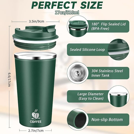 Insulated Travel Coffee Mug Reusable Coffee Tumbler Cup with Flip Lid Leak Proof Spill Proof for Office School Party Camping Hot and Cold Drink,Stainless Steel 17oz (Dark Green)