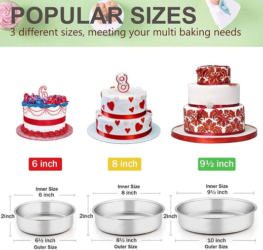 E-far Cake Pan Set of 3 (6 inch/8 inch/9½ inch), Stainless Steel Round Layer Cake Baking Pans, Perfect for Birthday Wedding Tier Cake, Non-Toxic & Healthy, Mirror Finish & Dishwasher Safe