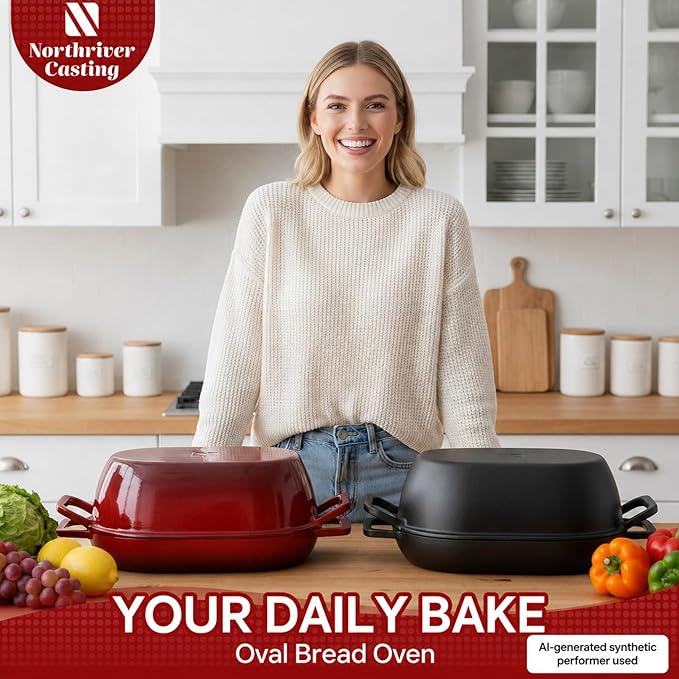 Northriver Casting 12"x8" Oval Cast Iron Dutch Oven for Bread Baking,Pre-Seasoned Combo Cooker with Lid, Perfect for Sourdough, Artisan Loaves & Family Meals,5 Qt