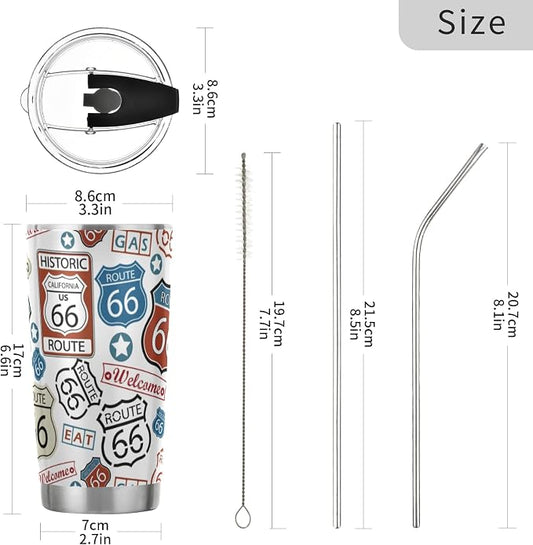 Tumbler Route 66 Cute Insulated Coffee Cup Beverage Container Travel Mug with Straw and Lid Double Wall Stainless Steel 20oz Holiday Gift