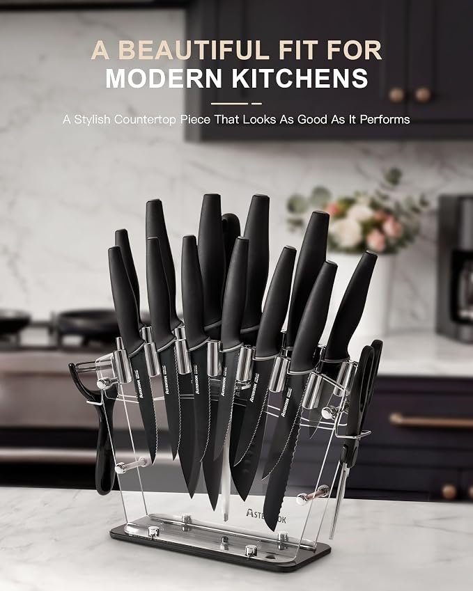 Astercook Knife Set with Block and Sharpener, 22 Piece Kitchen Knife Set Dishwasher Safe, Space-Saving Clear Knife Block with Knives for Everyday Home Cooking Black