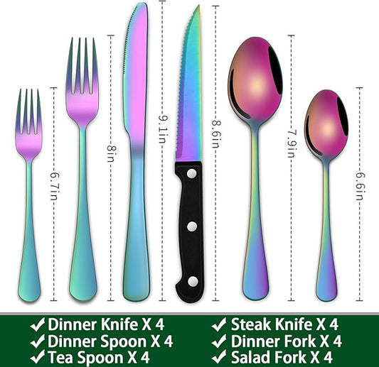 Rainbow 24 Pieces Stainless Steel Silverware Sets With Steak Knives Service For 4,Colorful Eating Utensils Set Includes Knife Spoon Fork For Kitchen Flatware Sets