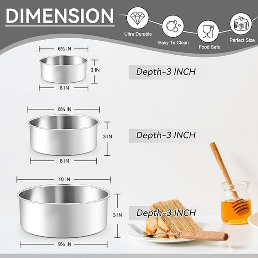 Leonyo Tall Round Cake Pans, 6โโ- 8โโ- 9ยฝโโ Cake Pan Set for 3, Stainless Steel Round Layer Baking Tier Cake Pans Set, 3-Tiered Cake Tins for Birthday Wedding, Non Toxic & Healthy, Dishwasher Safe