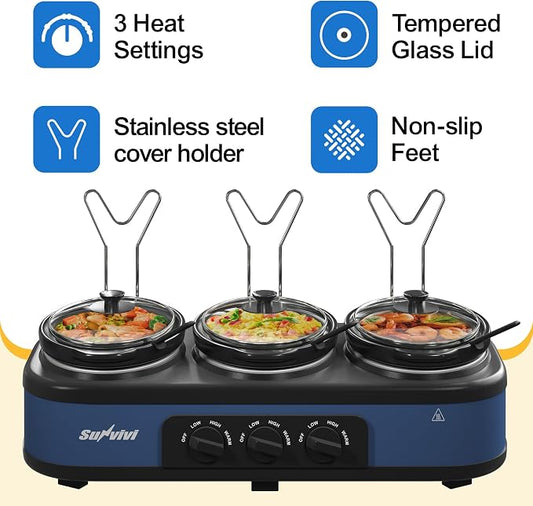 Triple Slow Cooker & Food Warmer, 3×1.5 QT Buffet Slow Cooker with Removable Ceramic Pots, PFAS-Free, 3 Temperature Settings, Dishwasher-Safe Glass Lids & Spoons for Parties Families, Blue