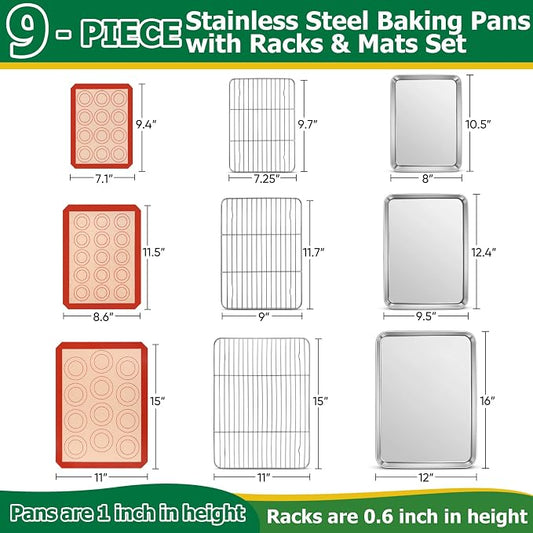 TeamFar Stainless Steel Baking Sheet with Rack Set, 10.5/12.5/16 Inch Baking Pan with Wire Rack & Silicone Baking Mat for Oven Baking, Cookies Sheets Set of 9 (3 Sheets + 3 Racks + 3 Mats), Easy Clean