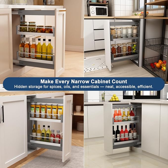 VADANIA Naro Pull Out Cabinet Organizer with Glass Side Panels, 2-Tier Spice Rack for 8" Base Cabinets, Soft Close Full-Extension Slides, Reversible Left or Right Side Mount