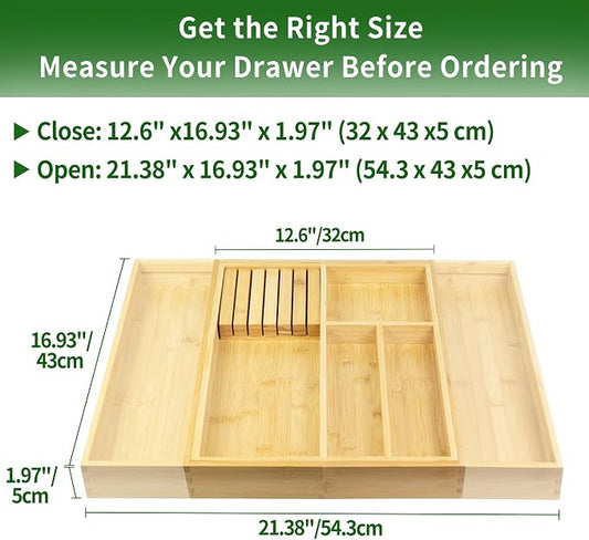 VaeFae Bamboo Silverware Drawer Organizer Kitchen, Expandable Utensil Organizer with Knife Block, Cutlery Tray with Divider, Multifunctional Drawer Organizer