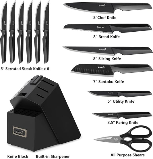 Kuisine Black Knife Set, 15-Piece High Carbon Stainless Steel Ultra Sharp Knife Block Set, Ergonomic Handle with Sharpener for Kitchen(15 PCS Black EX)