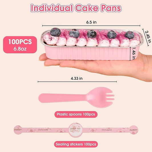 100 Pack Mini Cake Pans with Lids and Spoons, Disposable Aluminum Foil Cake Tins(6.8oz) Individual Small Cake Baking Containers for Party, Wedding, Birthday