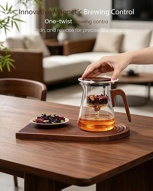 ZENS Magnetic Tea Pot, Enchanted Glass Teapot with Infuser and Magnetic Suction Lid for Mess-Free Loose Tea Diffusers, Walnut Wood Handle, Tea Lovers Gifts