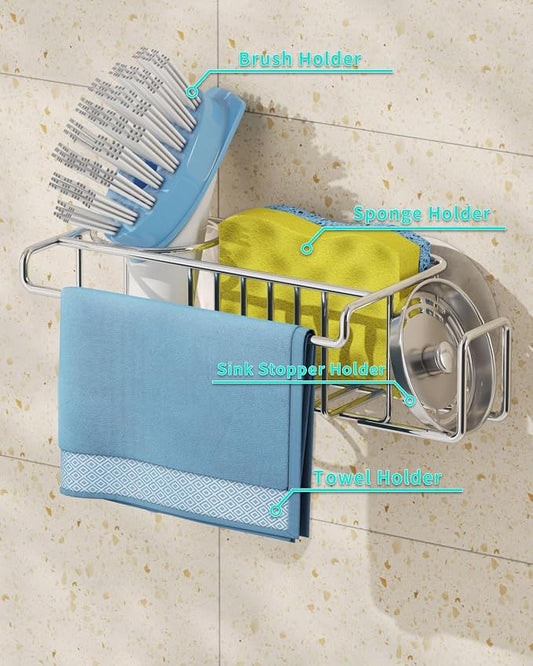 HapiRm Sink Caddy Sponge Holder - No Drill Sponge Caddy for Kitchen, Rustproof and Waterproof Kitchen Sink Organizer - Silver(2-Pack)