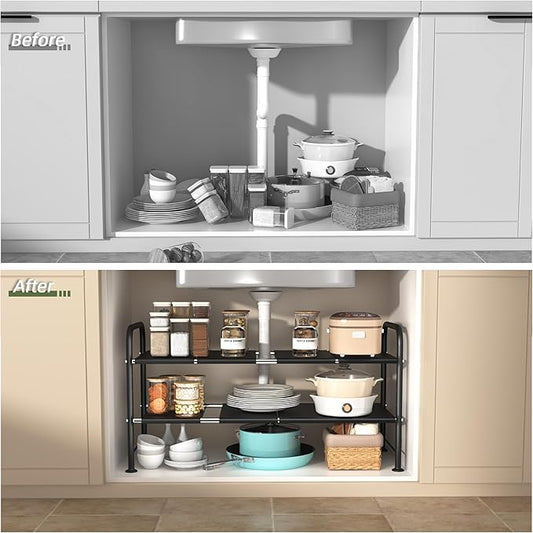 NETEL Under Sink Organizers and Storage,2 Tier Shelf Under Bathroom Sink,Cabinet Organizer with 8 Removable Carbon Steel Panels,Partition Height Adjustable,(27.36-36.02)" W x 12.28" D x 16.93" H