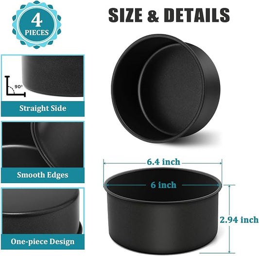P&P CHEF 6 Inch Cake Pan, Nonstick Round Baking Layer Cake Pans Tins Set for Birthday Wedding, 2.94-Inch Deep Side & One-piece Design, Stainless Steel Core & Easy Clean, Black 4Pcs
