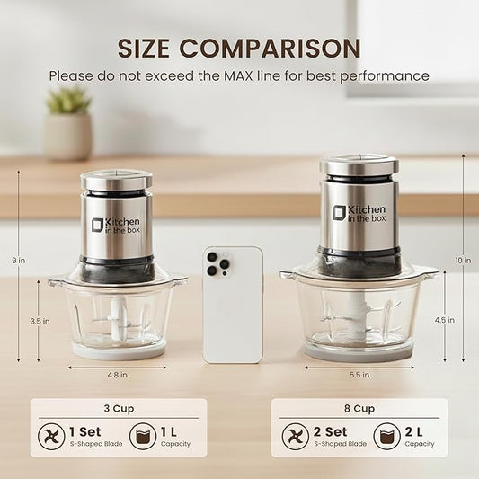 Kitchen in the box Food Processor, Electric Meat Grinder & Food Chopper with 400W Powerful Veggie Chopper-2 Bowls(8 Cup+8 Cup) & 2 Bi-Level Blades for Meat/Fish/Vegetable/Baby Food(Black Button)