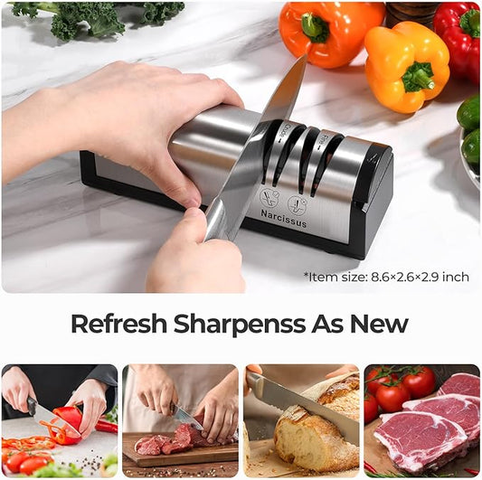 Narcissus Knife Sharpener, Professional 2 Stage Electric Knife Sharpener for Quick Sharpening & Polishing, with Scissors Sharpener and Metal Dust Collection Box, Stainless Steel, Silver